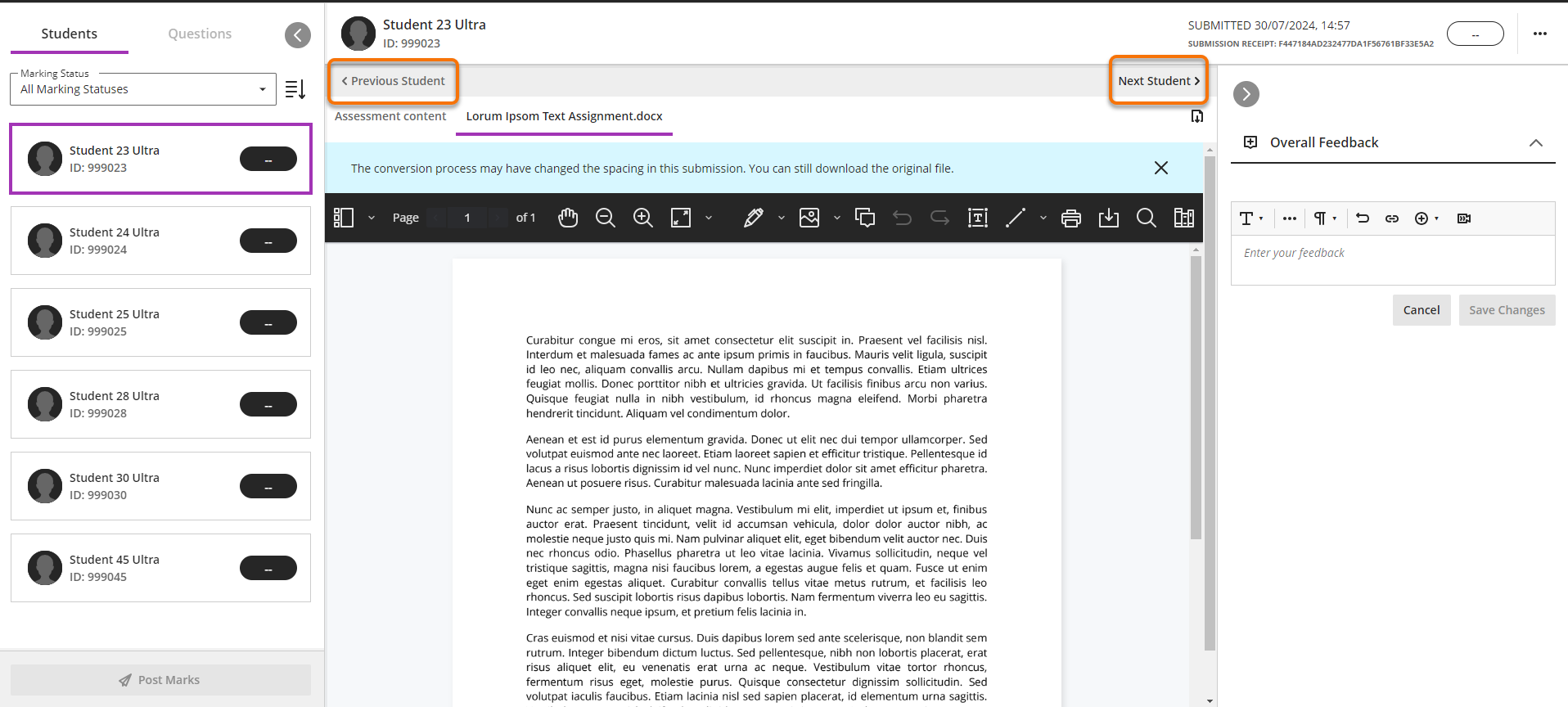 A view of the whole marking screen with Next and Previous student highlighted.