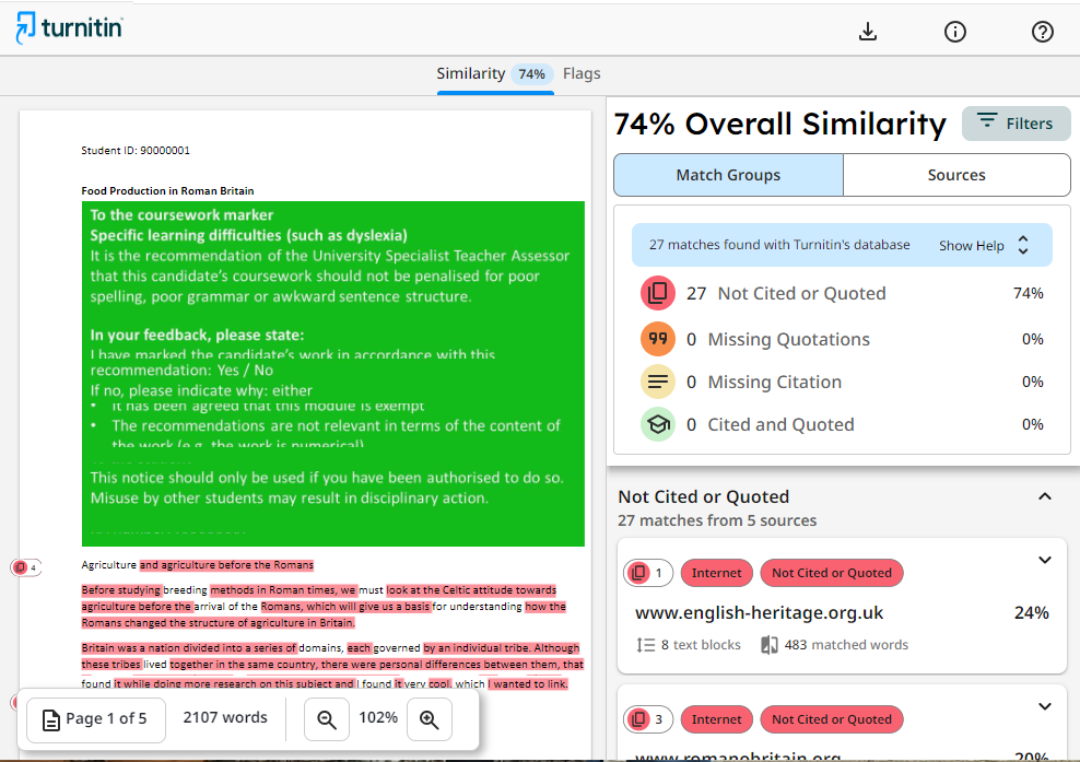 Screenshot of turnitin similarity report open in new window. 