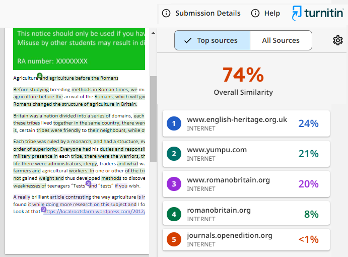 Screenshot of student similarity report 