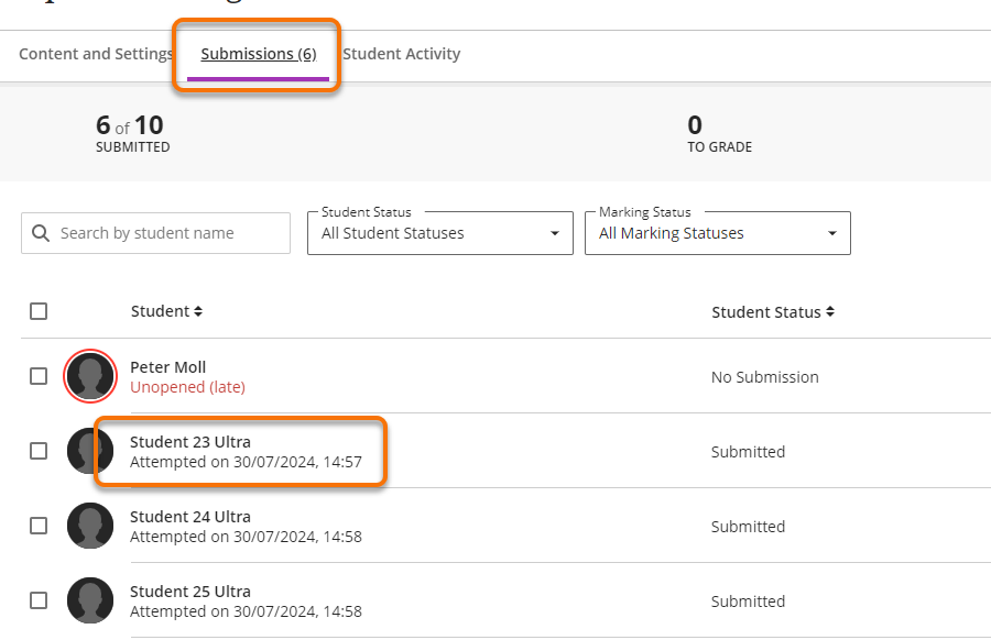 Assignment Submissions list in a Blackboard Asignment
