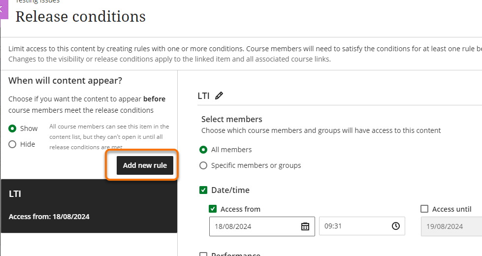 The LTi date release for Turnitin assignment shown as rule one. Add new rule is highlighted. 