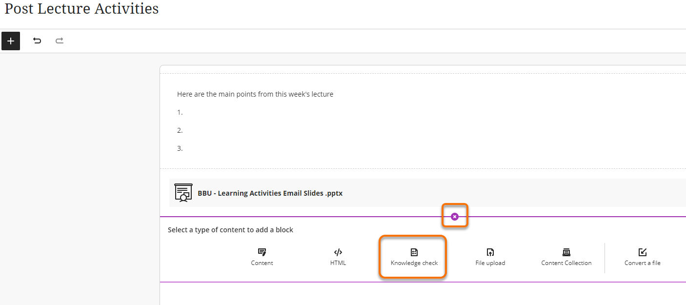 In a document selecting the plus sign and Knowledge check option.