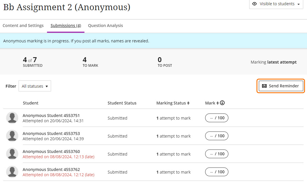 Send reminder for a Blackboard anonymous assignment
