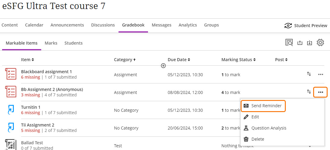 Send reminder for a Blackboard anonymous assignment from the Gradebook