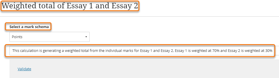 Screenshot showing the calculation title, mark schema and description fields