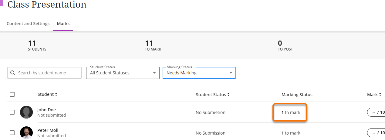 Marks window in the submission point highlighting the 1 to mark marking status.