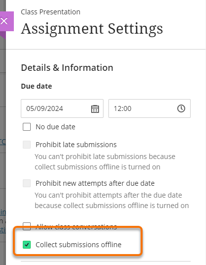 Blackboard Assignment initial settings . Highlighting Collect Submissions offline button selected.