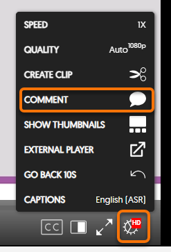 Settings cog in a video with Comment option highlighted.  