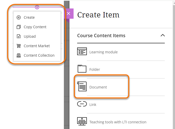 Create Menu and adding a document to a course content 
area