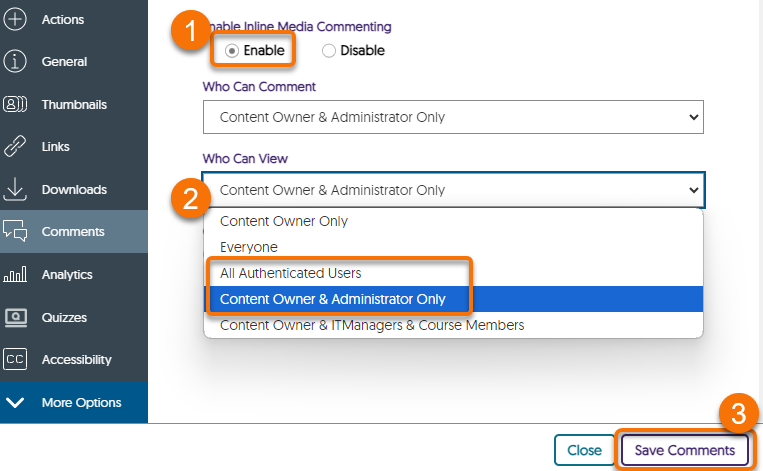 Steps 1 to 3 of enabling comments as detailed in text.