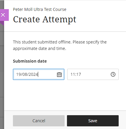 Create Attempt window with the submission date and time. Save button.