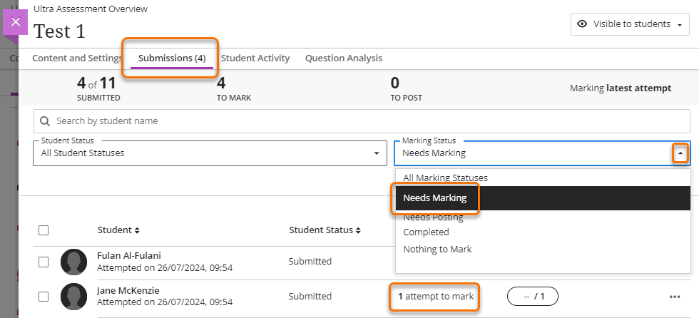 Screenshot of Test open of Submissions tab. Show the marking status filter and the mark attempt display.