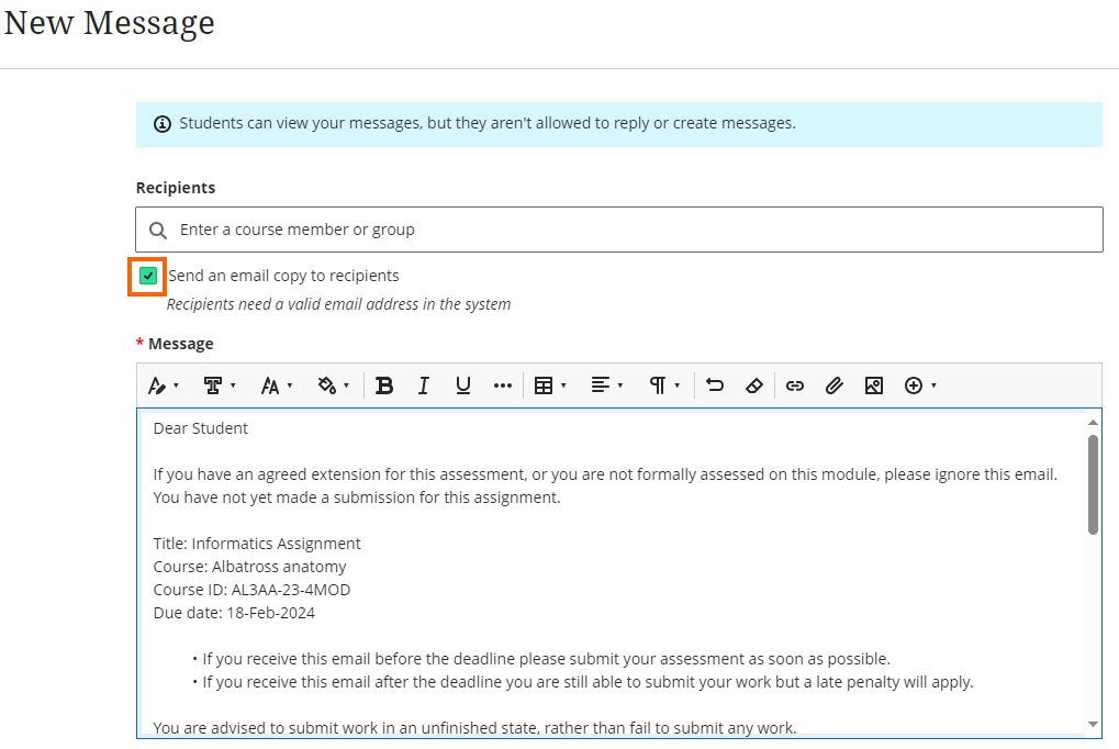 Create a non-submission reminder message and send as email