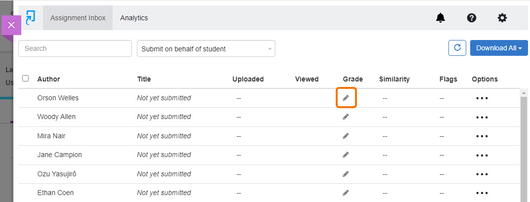 View of the Turnitin inbox. Grey pencil icon denoting no submission is highlighted.
