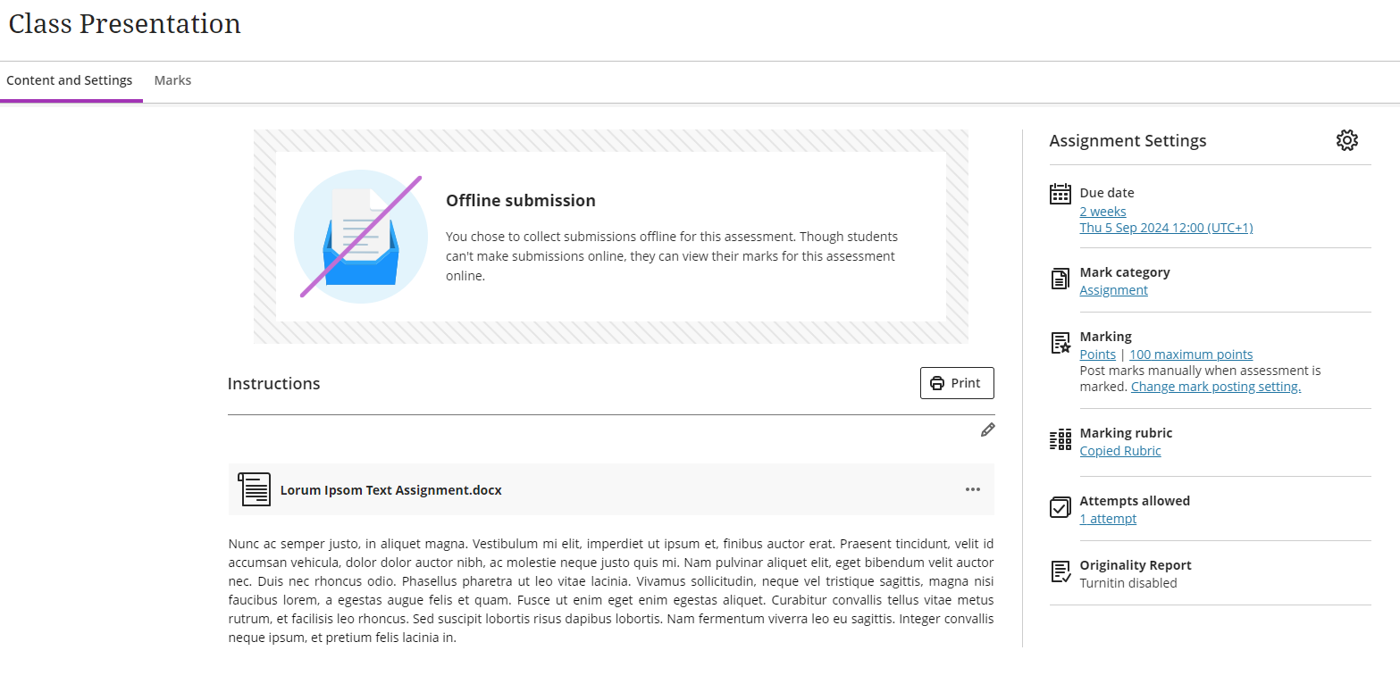 Completed assignment set up with offline submission banner. 
