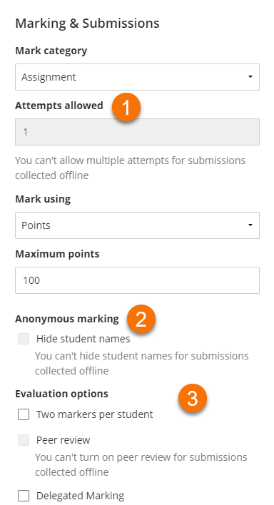 Marking and Submission settings outlining steps one to three above.