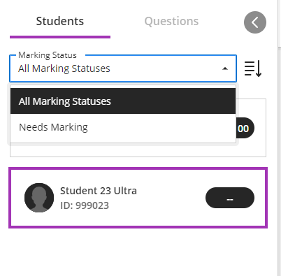 Needs marking and all marking statues drop down menu showing multiple students or one. 