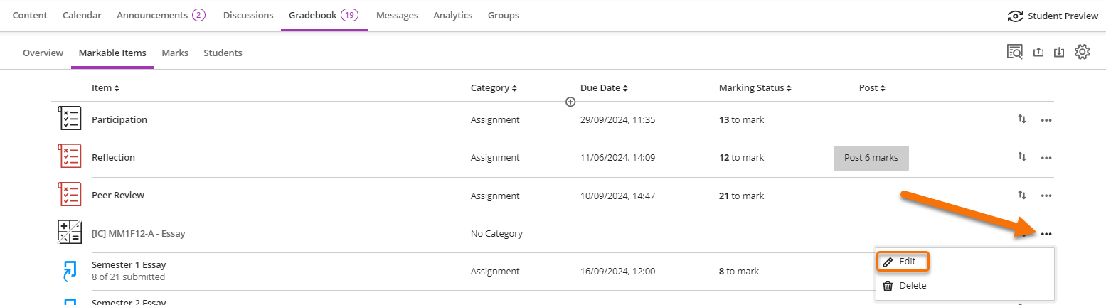 Screenshot showing location of the column edit button within the markable items view