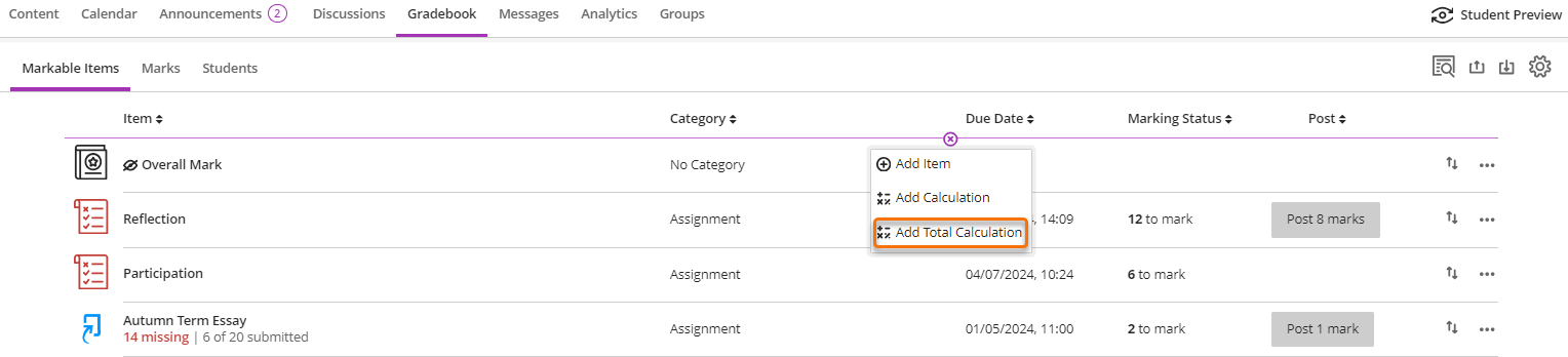 A screenshot showing how to create a total calculations column within the markable items view