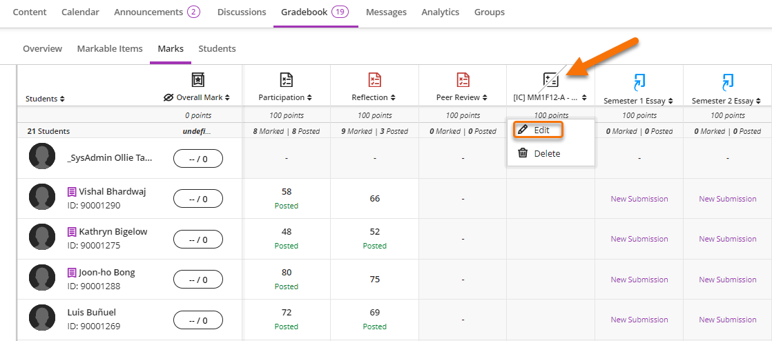 Screenshot showing location of the column edit button within the marks view