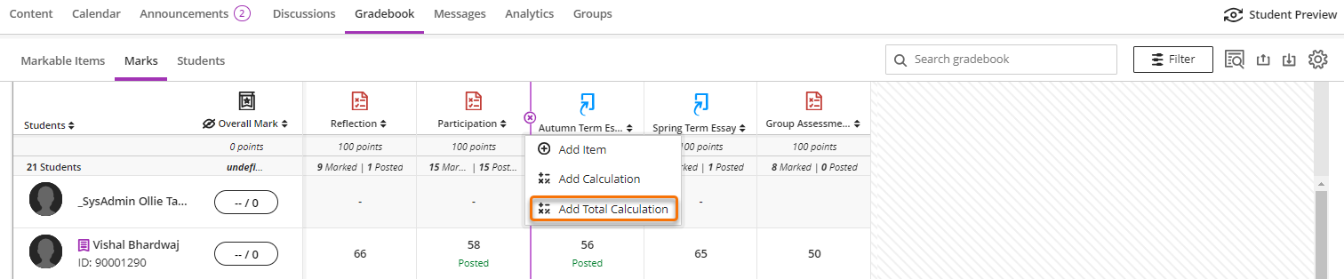 A screenshot showing how to create a total calculations column within the marks view