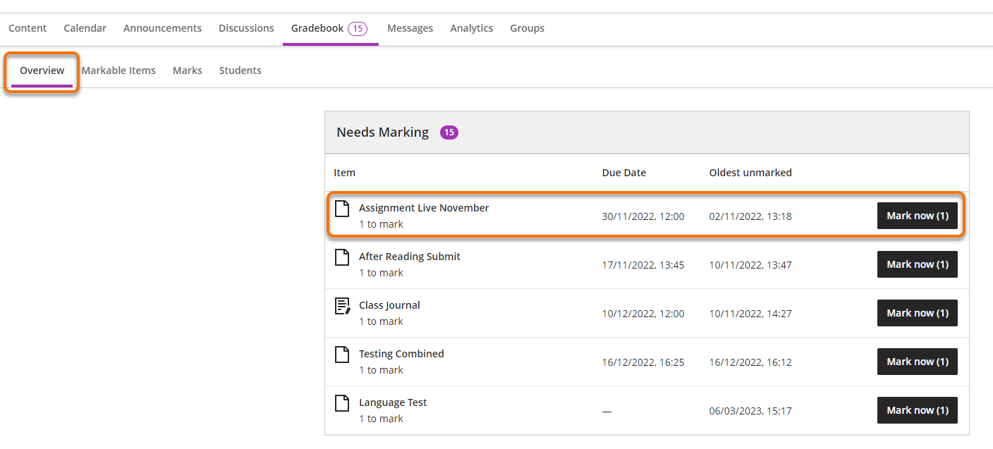 The gradebook overview tab allowing you to see all assignments which still need marking in the first box on the page.