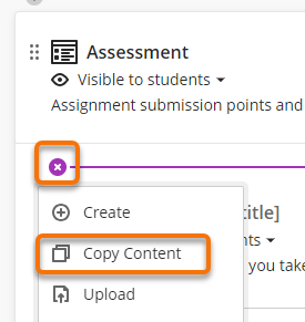 Plus menu in a content area of a course. Selecting Copy Content option.