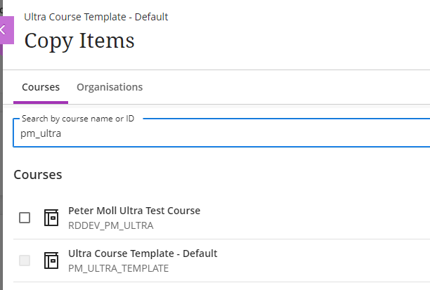 The course search in the Copy Items screen.