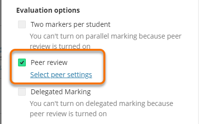 Showing the Peer review check box selected and the resulting Select peer settings settings link
