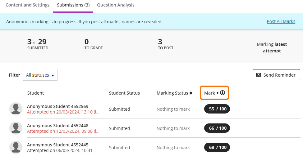 Clicking on the Mark column header to sort submissions by grade