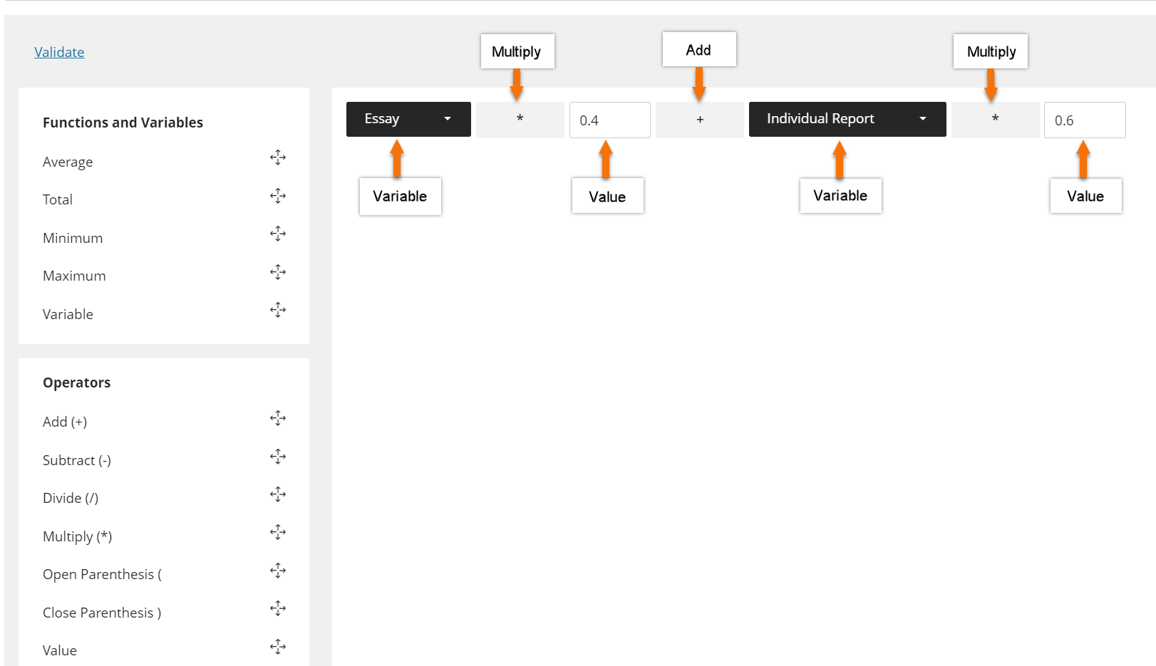 A screenshot showing the built formula for calculating a weighted total