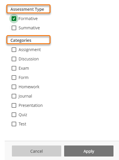 Screenshot of filters panel with the variables Assessment Type and Categories showing. 