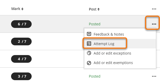 Three dot menu and attempt log option highlighted.