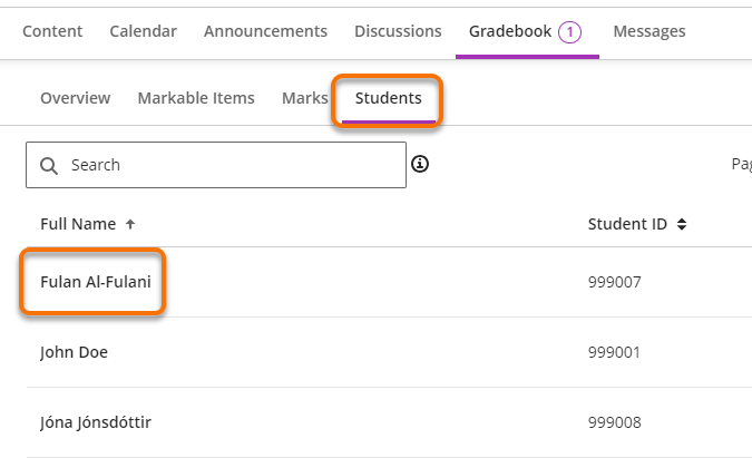 Highlighting a student in the list of students option in the Gradebook.