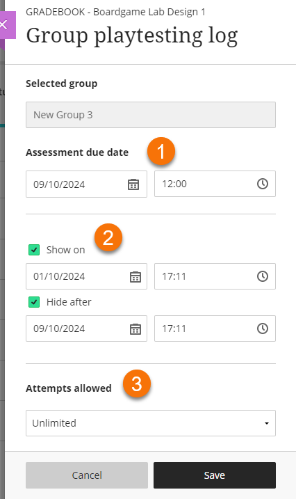 Showing points one to three as described in the following text below the image. Change due dates, availability and attempts allowed.