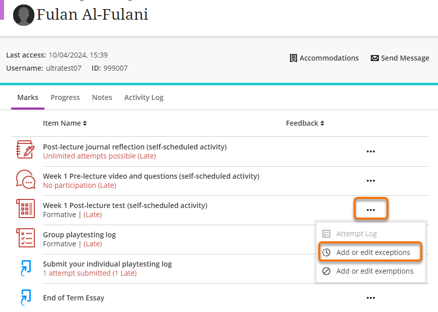 Showing the three dot menu options in the student Marks tab and Add or edit exceptions.
