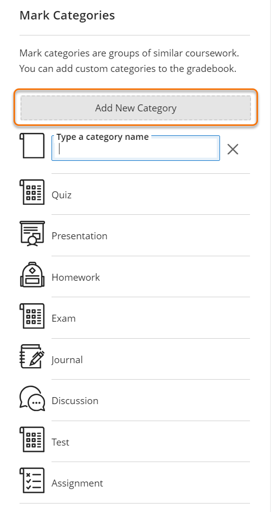 Screenshot showing the add new category button