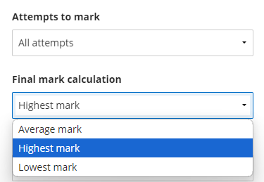 Blackboard Assignment settings showing All attempts to mark selected and drop down menu of Final mark calculation options. 