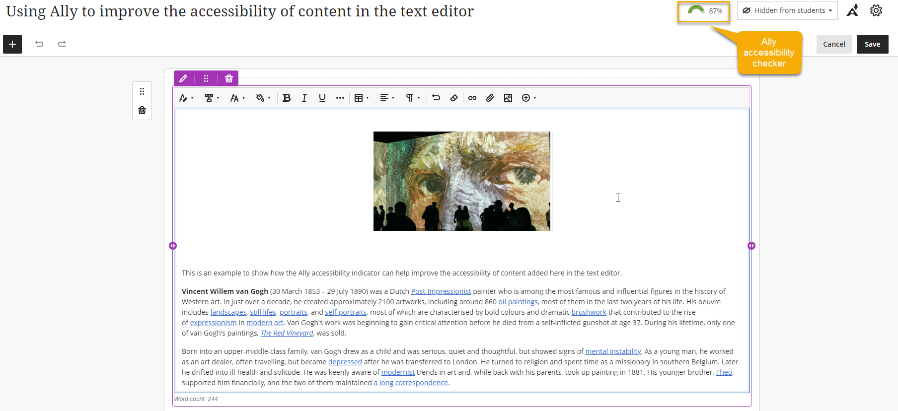 Image of content editor in Blackboard with the ALLY accessibility checker