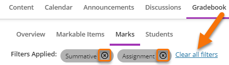 Screenshot showing the clear filters button