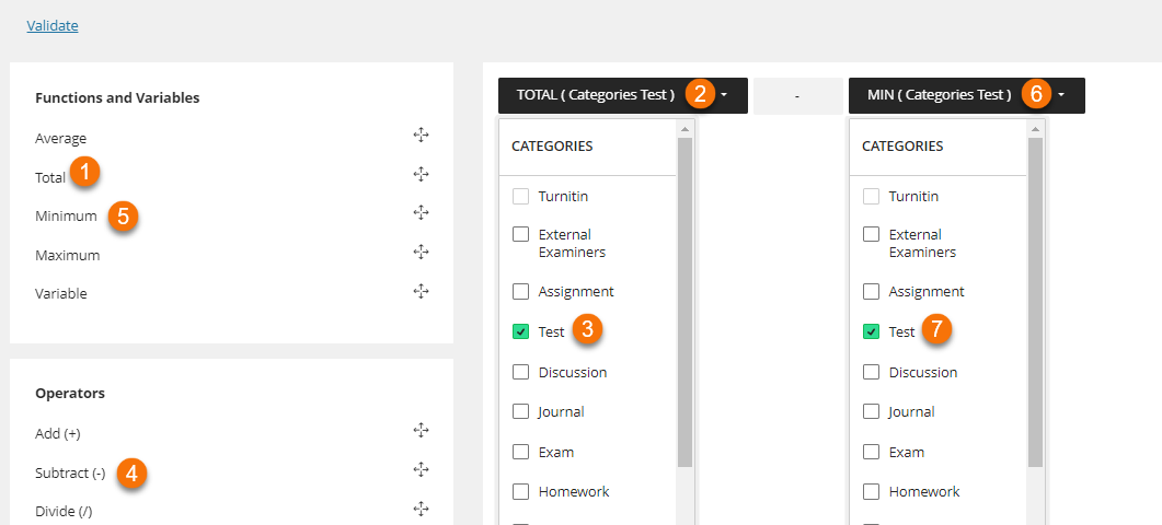 A screenshot showing the built formula for calculating a total whilst excluding the lowest mark