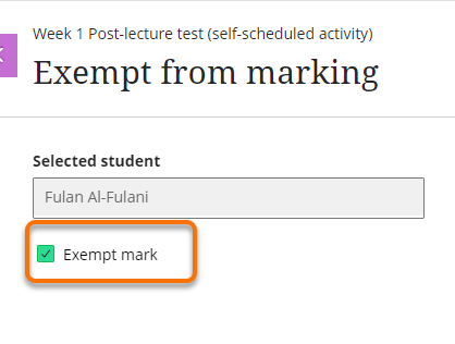 Exempt mark tick box selected for that student