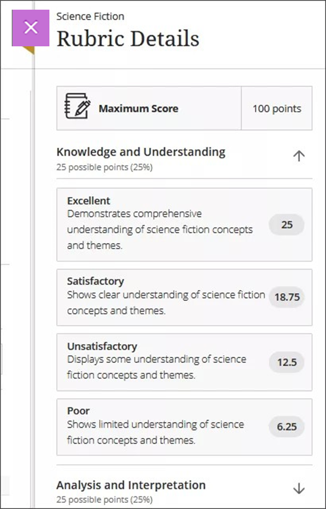 Student view of rubric details