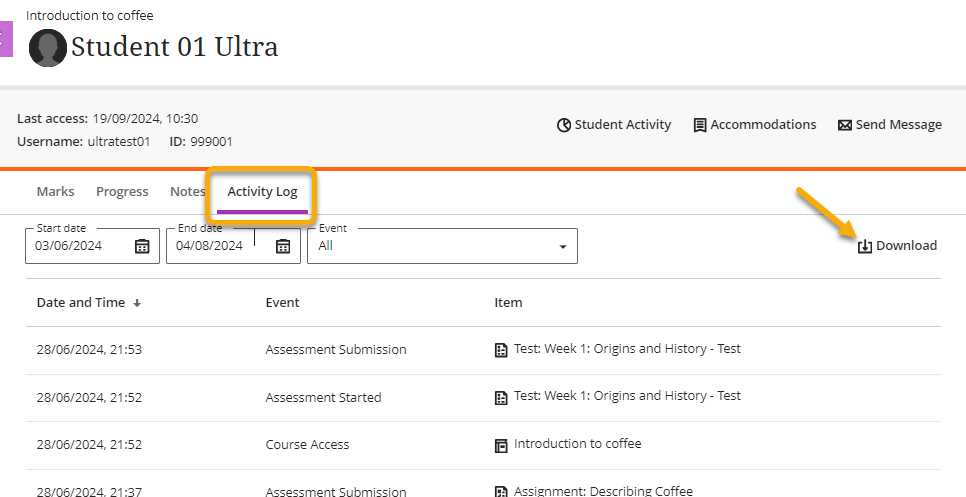 Student Activity Log and the download feature