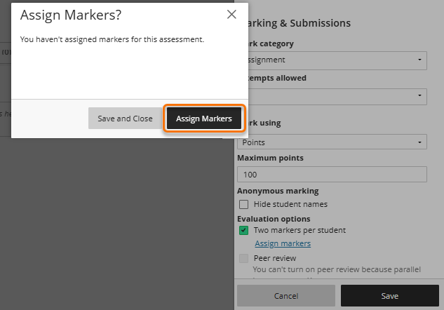Screenshot of the pop-up window - Assign markers 