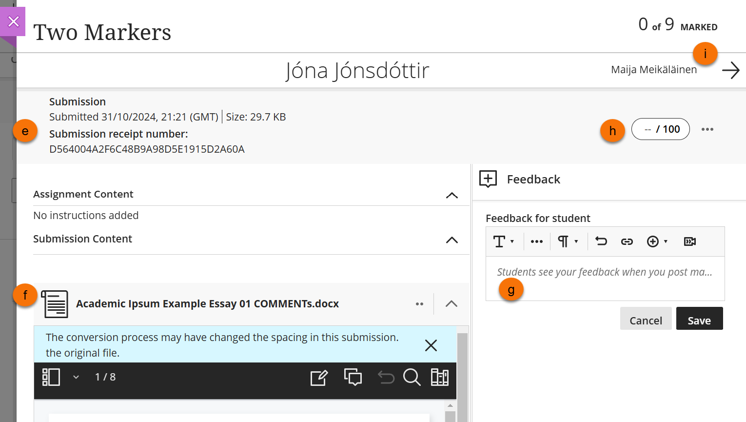 Screenshot of the marking screen 