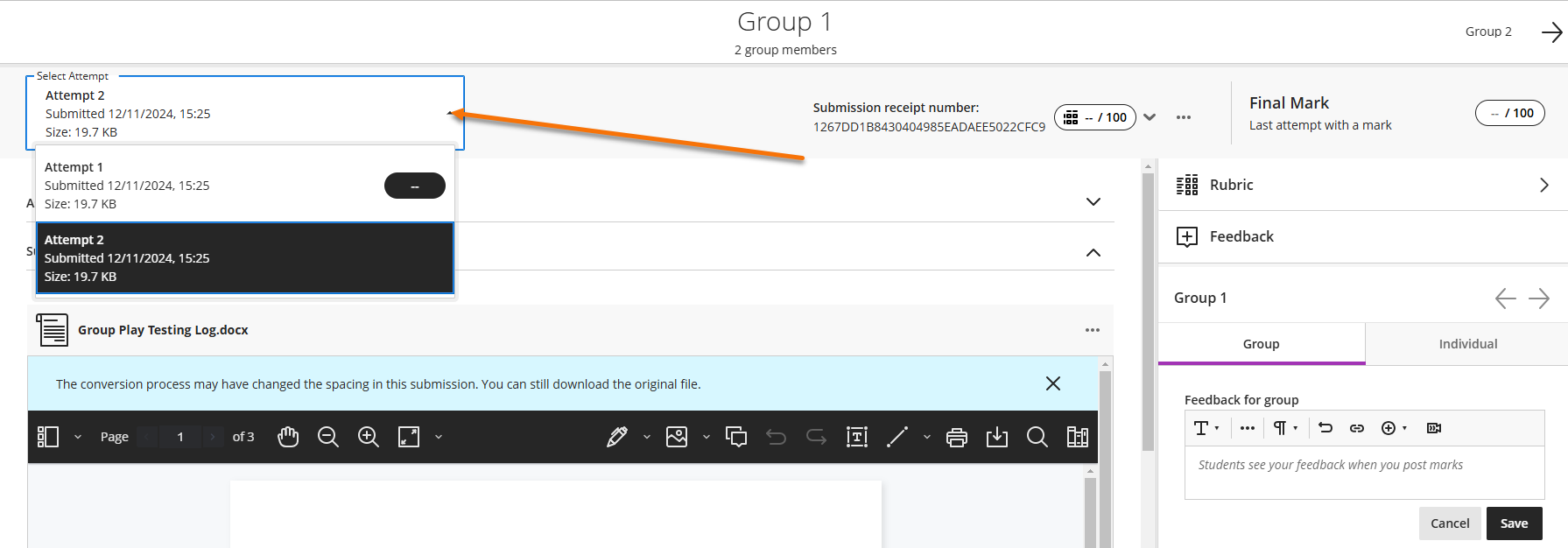 Showing the multiple attempts in a group assignment 