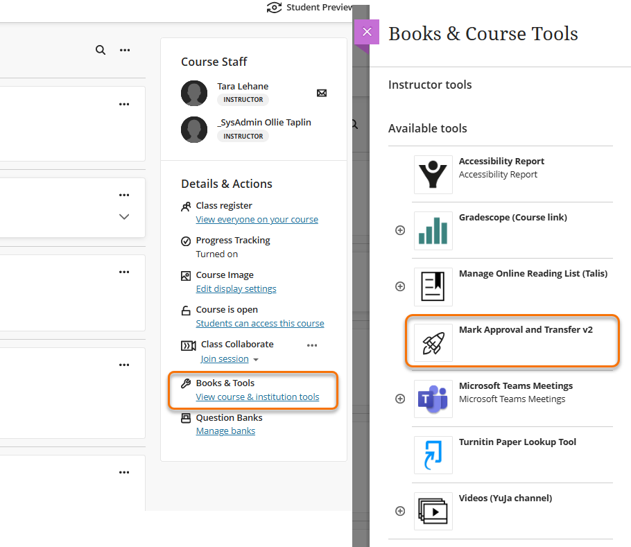 Screenshot showing the location of the mark approval and transfer function within the books and tools menu