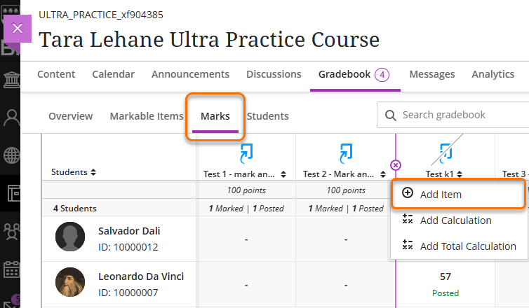 Screenshot of Gradebook marksitems view