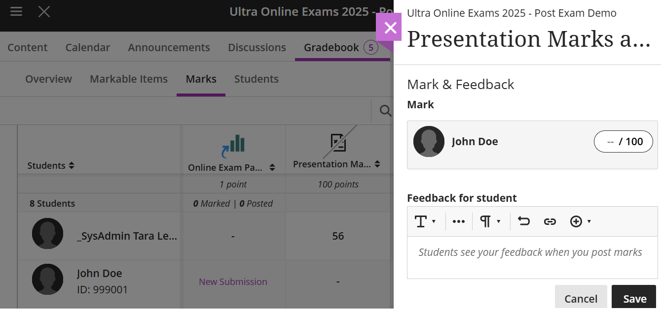 Screenshot of add feedback panel from marks items view
